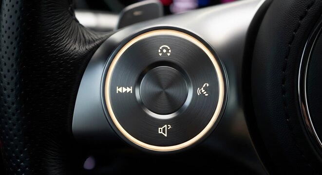 Close-up of a modern car steering wheel with illuminated media control buttons.