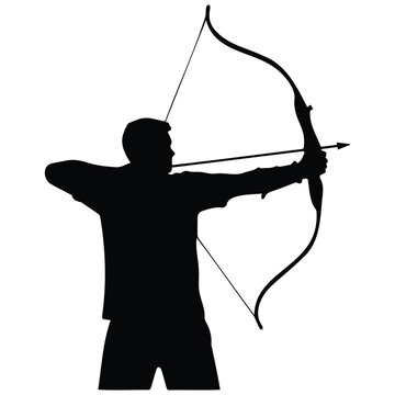 Archer silhouette vector illustration showing person pulling arrow back on bow line art.