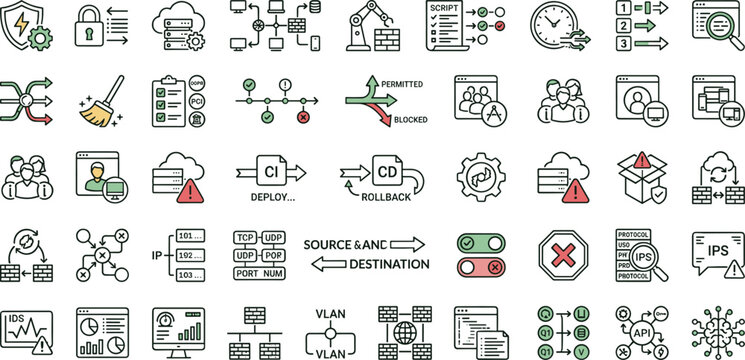 Firewall Configuration and Network Security Line Icon Set Featuring Rule Management and Traffic Protection Systems
