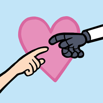 Roboterliebe, menschliche Hand ber&uuml;hrt Roboterhand vor Herz