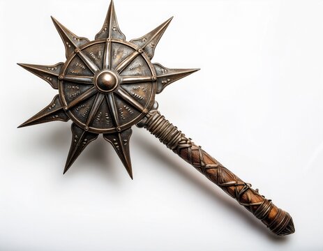 medieval morning star mace weapon with iron spikes isolated on white background for historical game design