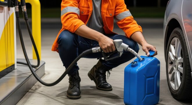 Man in orange safety jacket refueling blue gas can at a gas station next to a car