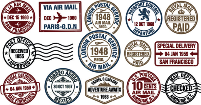 Vintage Airmail Postage Stamp Collection with Retro Postal Seals, Registered Mail Labels, and Classic Postmark Elements for Vector Design