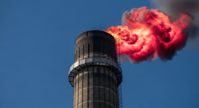Industrial chimney emitting large red smoke against clear blue sky