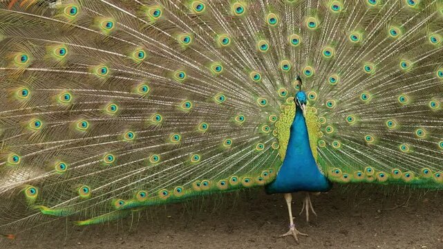 Male peacock displaying feathers during courtship