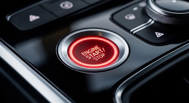 Close-up of a glowing red engine start stop button in a modern car interior.