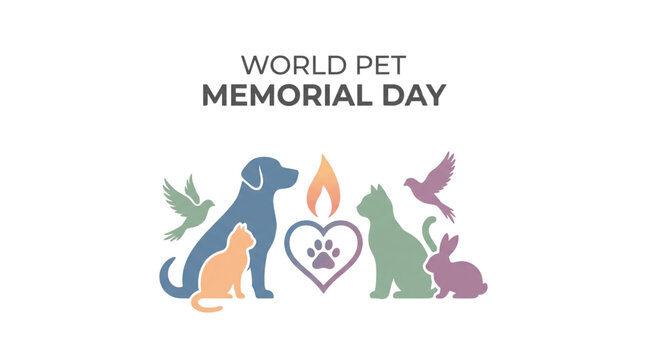 World Pet Memorial Day remembrance vector with dog cat rabbit birds and candle heart paw symbol compassionate animal tribute isolated transparent background