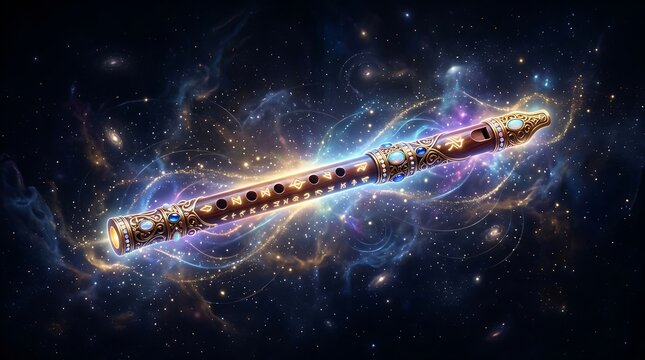 Enchanted Flute in Cosmic Nebula with Vibrant Light Trails.