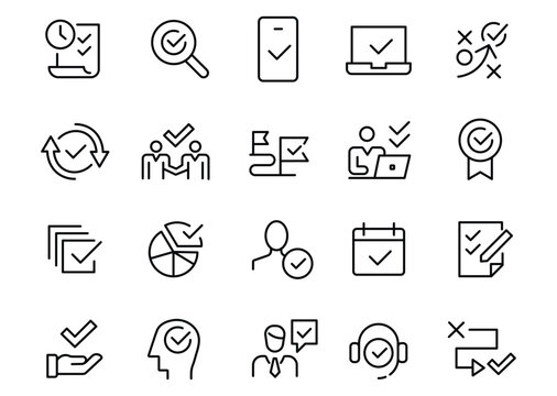 Minimalist business checkmark icons, 20 professional line vector elements for project management, task completion and success symbols for corporate UI design