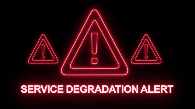 Glowing red neon service degradation alert sign with warning triangles and exclamation marks for critical system failure, network outage, cybersecurity threat, server downtime, and technical error