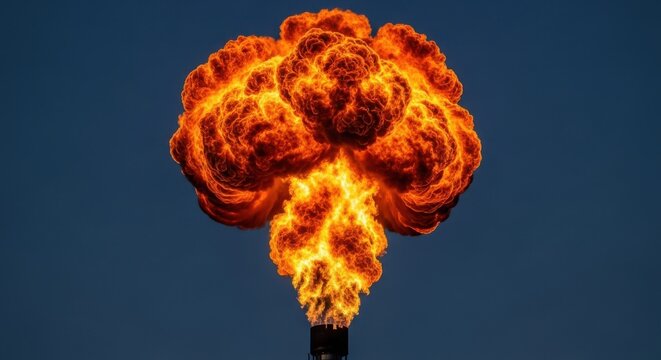 A large fire burning on top of a black pipe against a dark blue background with a huge flame