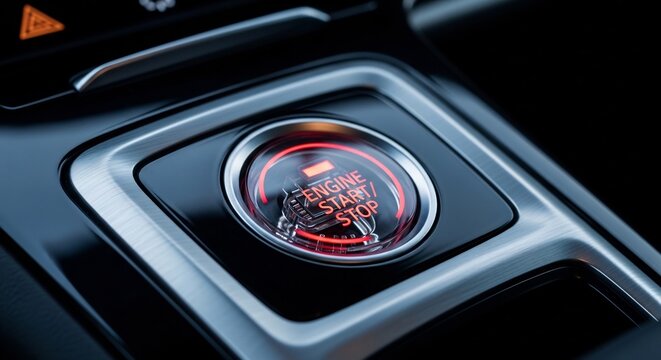Close-up of a Cars Engine Start Button Illuminated Red.