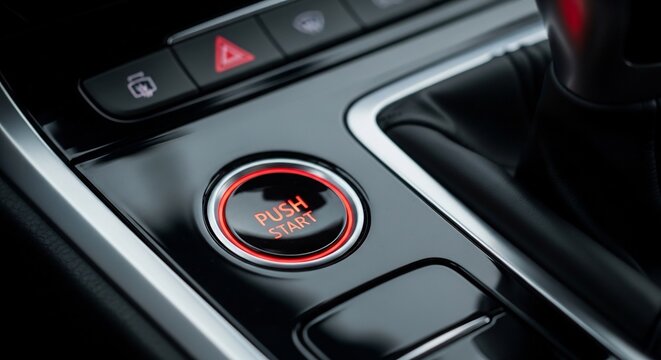 Close-up of a modern cars glowing red engine start button.