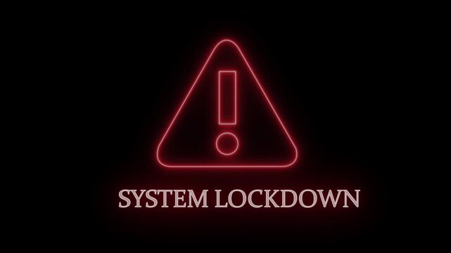 Glowing red neon system lockdown warning sign animation featuring a pulsing triangular hazard with bold text overlay for cybersecurity breach alerts, network security failures, and digital emergency