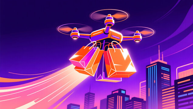 Drone delivering glowing shopping packages for 618 promotion