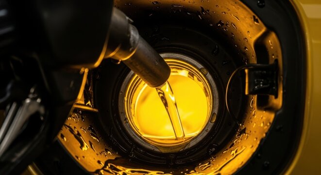 Closeup of oil pouring into a reservoir with a dipstick