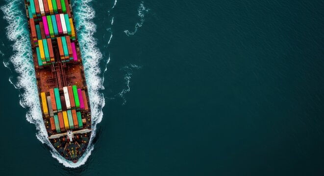 Aerial view of a large cargo ship with colorful containers on the open sea