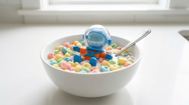 Tiny blue and orange plastic astronaut figurine sitting in a white bowl of colorful fruit loop cereal and milk with a silver spoon on a white kitchen countertop.