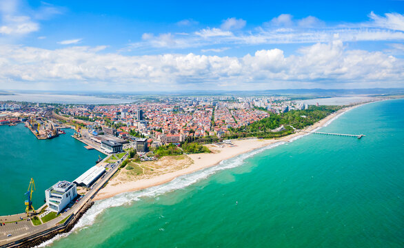 Burgas city port aerial panoramic view in Bulgaria