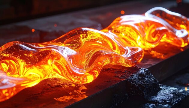 Viscous molten glass glowing with intense heat during the glassblowing process, showcasing vibrant fiery orange hues.