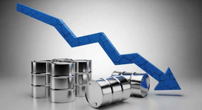 Steel oil barrels with a cracked blue downward trending arrow on a gradient background