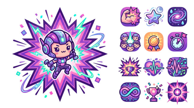 Cute Chibi Female Character in Futuristic Armor with Dumbbells and Set of 12 Mobile Game Achievement Icons including Trophies, Medals, and Heartbeat Symbols on White Background