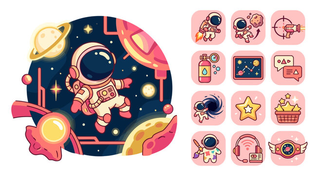 Flat vector illustration of a cute chibi astronaut floating in outer space surrounded by planets and stars, includes a collection of twelve matching game interface icons and assets.