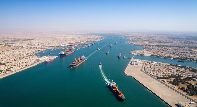 Aerial View of the Suez Canal Container Port with Ships Navigating the Busy Trade Waterway Channel