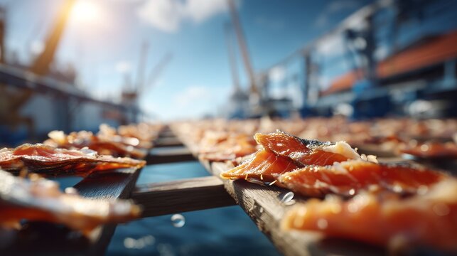 Fish Drying on Racks Under Bright Sunlight by the Coastline