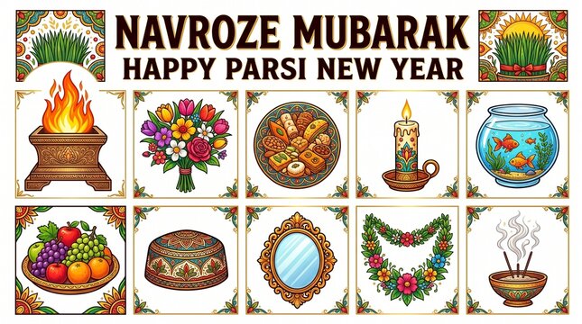 Navroze Mubarak Greeting Card Vector Set with Parsi New Year Symbols, Haft-Sin Elements, Traditional Zoroastrian Icons, and Floral Ornaments for Nowruz Celebration.