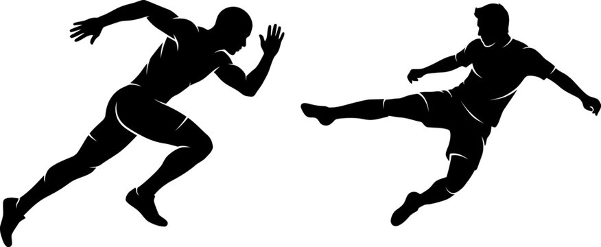 
Title
Black silhouette vector set featuring a male sprinter running fast and a soccer player jumping to kick a ball, isolated on a white background.