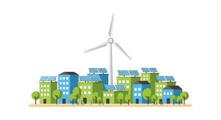 Fototapeta premium Eco-friendly city skyline with solar panels and wind turbine, representing sustainable urban development and green energy solutions.