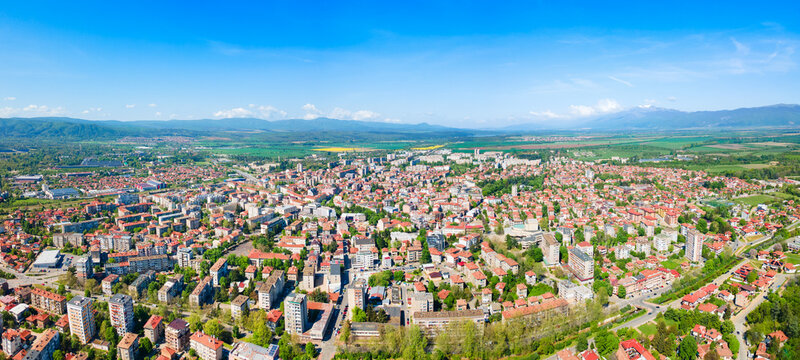 Kazanlak city centre aerial panoramic view in Bulgaria