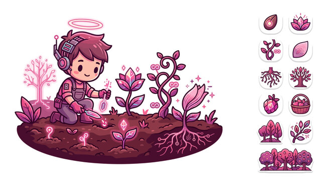 Flat vector illustration of a cute chibi boy character planting glowing crystal flowers in a magical pink garden, including a set of matching botanical icons and seeds.