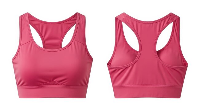 Hot pink women's racerback sports bra front and back view isolated on a white background
