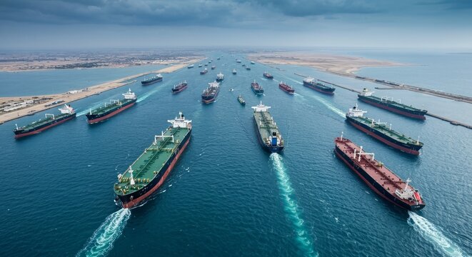 Convoy of Super Tankers Navigating the Canal Route, Representing Modern Global Trade and Economy