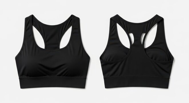 Front and back view of a plain black sports bra for fitness and activewear apparel mockup