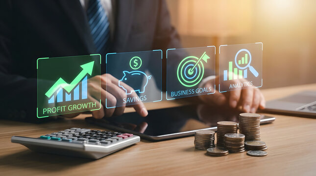 Business professional interacting with holographic projections of financial growth savings goals and analytics over a wooden desk