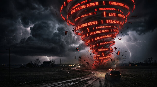 Digital storm of panic and fear in information warfare seen under dark skies with a tornado of news alerts