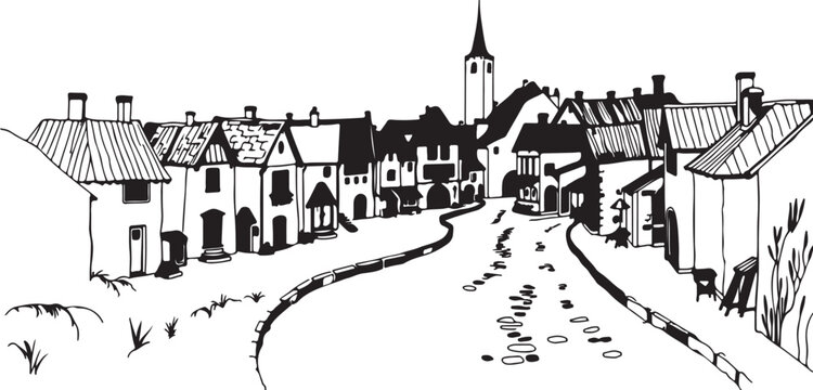 A vintage vector illustration of a crowd of people dancing in the urban street of an old European town with historic building architecture