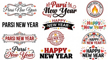 Obraz premium Parsi New Year Vector Badge Collection: Navroz Mubarak Greeting Typography, Zoroastrian Festival Labels and Jamshedi Navroz Celebration Elements