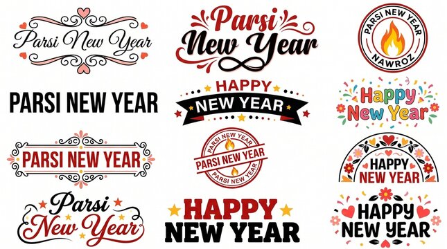 Parsi New Year Vector Badge Collection: Navroz Mubarak Greeting Typography, Zoroastrian Festival Labels and Jamshedi Navroz Celebration Elements