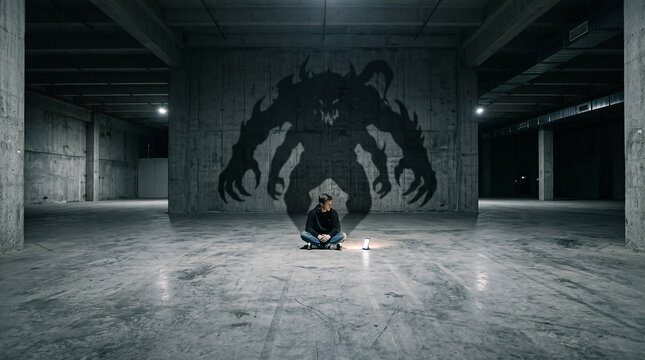 Psychological operation explores fear through panic attacks and digital anxiety in dimly lit abandoned space