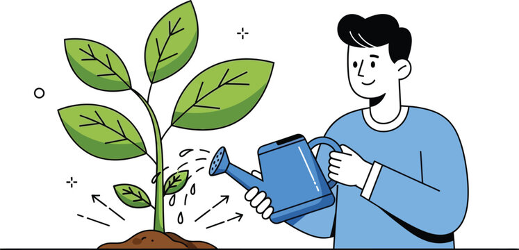 Young man watering young green plant with can for business growth investment environment care and development vector illustrationYoung man watering young green plant with can for business growth inves