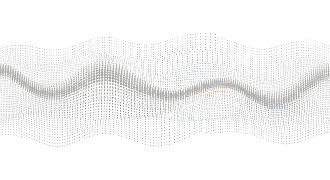 Halftone dot wave abstract background, flowing pattern of grey dots forming smooth horizontal waves with subtle accent colors