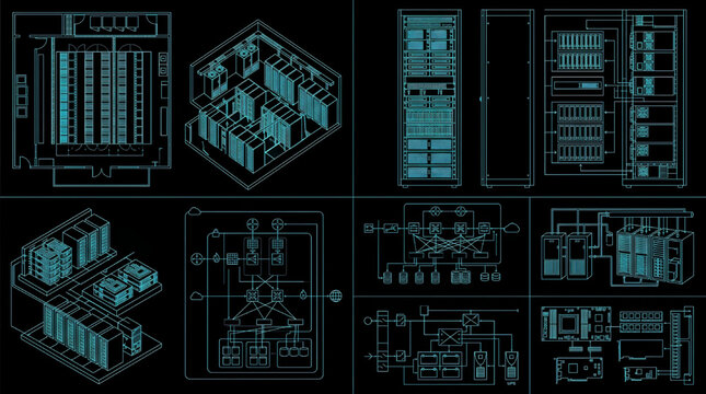 Cloud Infrastructure Diagrams Blueprint Technical Drawing Vector Set Multi View Cyan Outline on Black Background