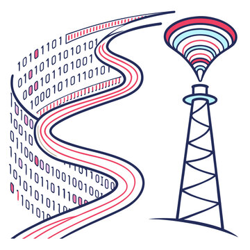Colorful radio tower with binary code data stream