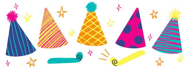 Hand drawn birthday party hats and party blowers horns vector illustration collection set simple drawing isolated on transparent background kids design elements party invitation celebration icon 