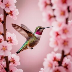 Fototapeta premium Tiny hummingbird bird flies among soft pink blossoms. Small bird with iridescent feathers hovers with outstretched wings near blooming flowers in gentle spring garden. Animal nature scene.