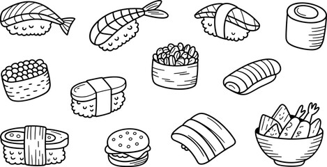Japanese Sushi and Sashimi Food Hand Drawn Doodle Outline Icon Set with Nigiri, Maki, Roll, Tamago, and Tempura Vector Illustration Isolated on White Background © monoara